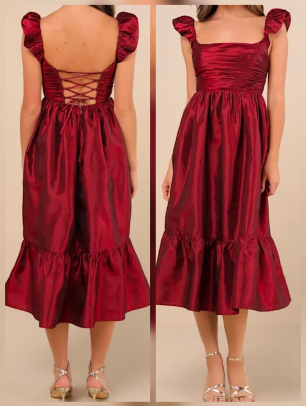 Poised Passion Wine Red Taffeta Pleated Ruffled Midi Dress, Medium, NWT